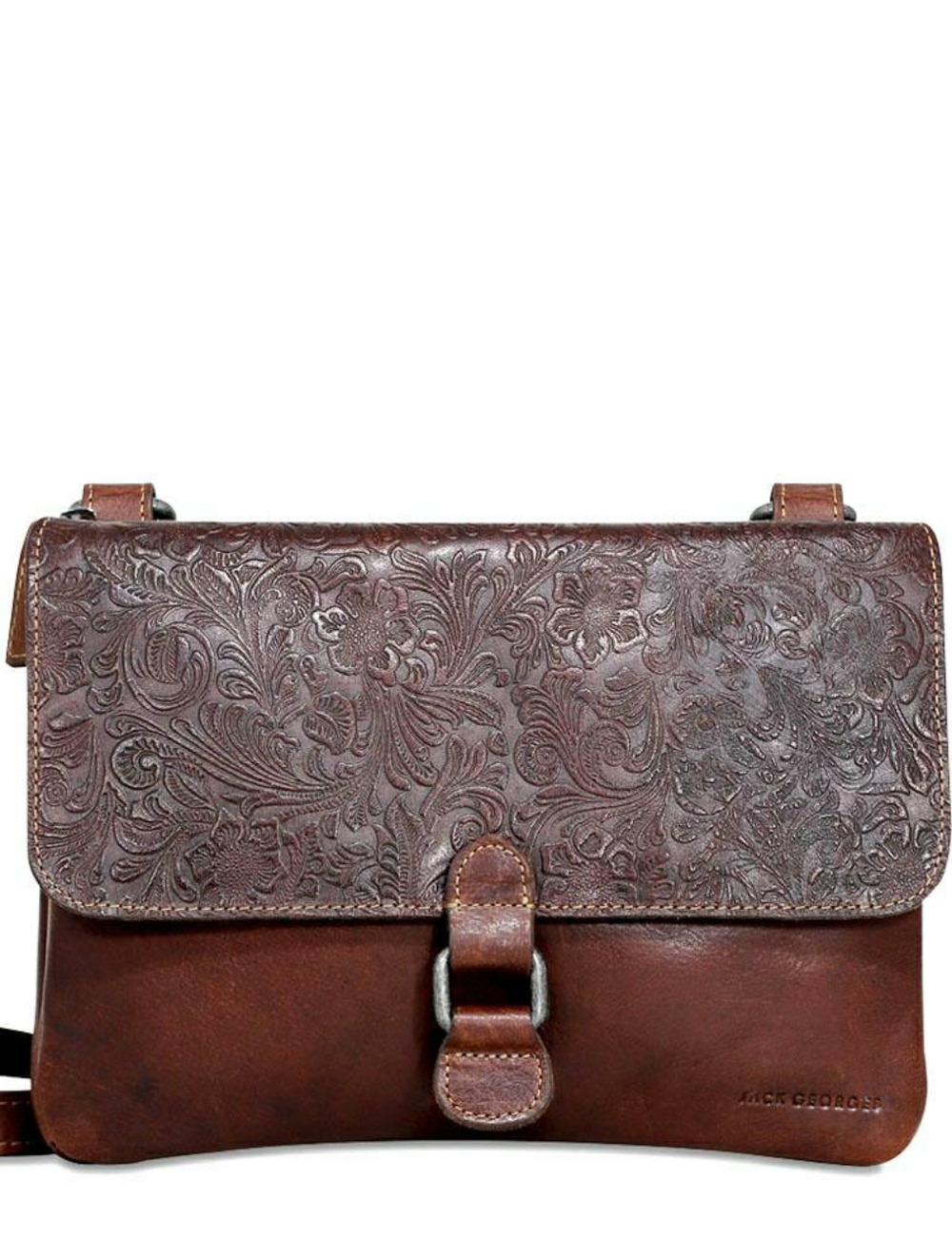 Jack Georges Voyager Crossbody Bag Brown Genuine Leather Floral Carving Soft